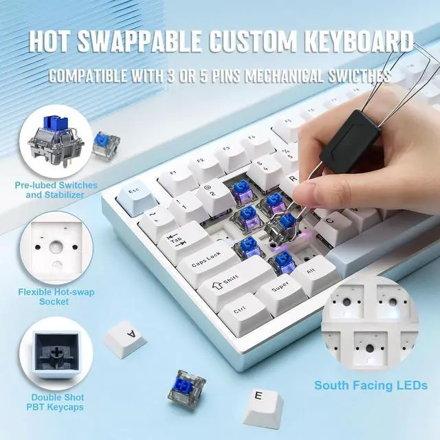 Alt view image 5 of 7 - YUNZII AL75 PRO 75% Wireless Mechanical Gaming Keyboard,Full Aluminum CNC,BT/2.4G/Wired,PBT Keycaps,Gasket Mounted Hot Swap,Custom RGB Backlight, Programmable for Mac/Win (Silver, Blue Grey)