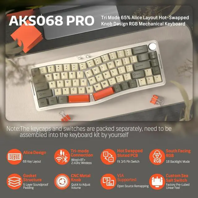 Alt view image 2 of 7 - ATTACK SHARK AKS068PRO Wireless Mechanical Gaming Keyboard 65% Alice Layout Hot-swap Gasket with Wired/BT5.1/2.4Ghz RGB Backlit VIA Programmable Knob 3000mAh Battery Sea Salt Switch for Win/Mac(Gray)