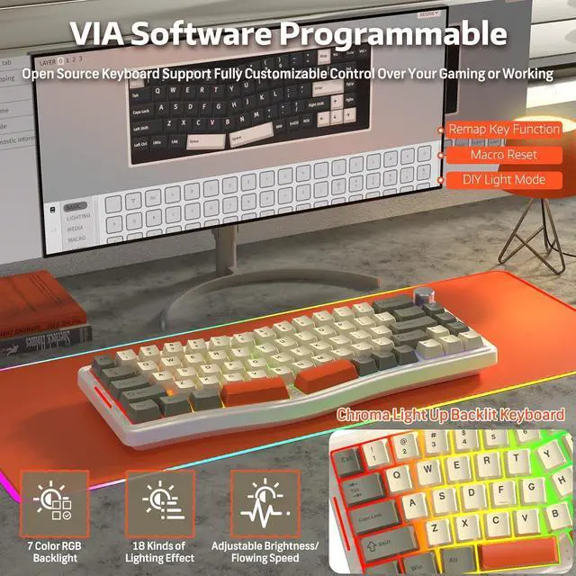 Alt view image 6 of 7 - ATTACK SHARK AKS068PRO Wireless Mechanical Gaming Keyboard 65% Alice Layout Hot-swap Gasket with Wired/BT5.1/2.4Ghz RGB Backlit VIA Programmable Knob 3000mAh Battery Sea Salt Switch for Win/Mac(Gray)