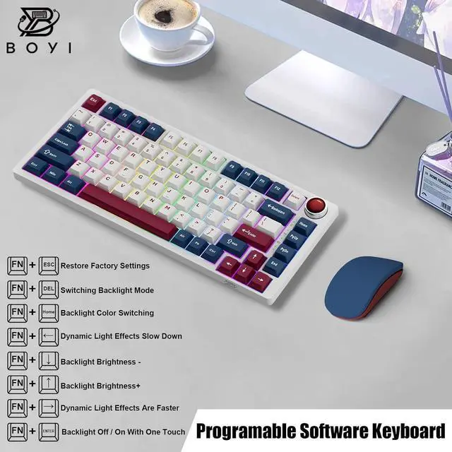 Alt view image 2 of 7 - BOYI 82Keys Aluminum Alloy Mechanical Keyboard,75% RGB Gasket-Mounted BT5.0/2.4G/Type-C Wired Tri-Mode Hot-Swap Programmable PBT Keycaps Gaming Keyboard with Knob for MAC/Win(Ruby Red PBT Keycaps)