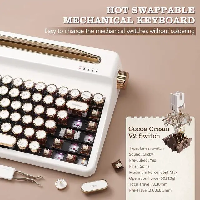 Alt view image 5 of 7 - YUNZII QL75 Wireless Typewriter Hot Swap Retro Mechanical Keyboard,Punk Round Keycaps,RGB Backlit QMK/VIA Programmable, Multi-Device Keyboard with 2.4GHz/Type-C/BT5.0 (White, Cocoa Cream V2 Switch)