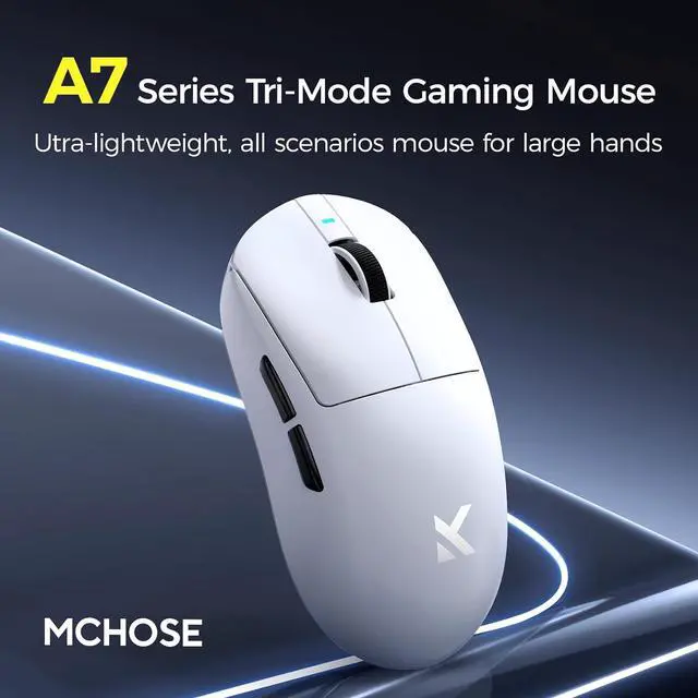 Alt view image 2 of 7 - MCHOSE A7 Ultra Wireless Gaming Mouse, Tri-Mode Connection, 59 Grams, PAW3950 42K DPI Sensor, Wired/Wireless Dual 8K Polling, 130 Hour Battery Life - White