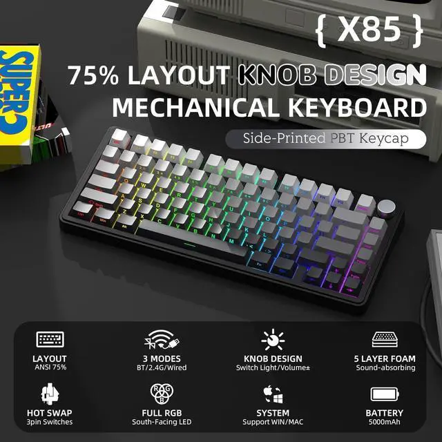 Alt view image 2 of 7 - X85 Wireless Mechanical Keyboard, TKL 82 Keys Bluetooth 5.0/2.4GHz/USB-C Hot Swappable Custom Keyboard,Gasket Structure,Knob,RGB Backlit Gaming Keyboard for PC/Mac/PS4/Xbox(Black)
