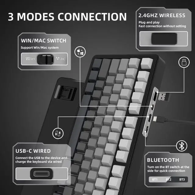 Alt view image 4 of 7 - X85 Wireless Mechanical Keyboard, TKL 82 Keys Bluetooth 5.0/2.4GHz/USB-C Hot Swappable Custom Keyboard,Gasket Structure,Knob,RGB Backlit Gaming Keyboard for PC/Mac/PS4/Xbox(Black)