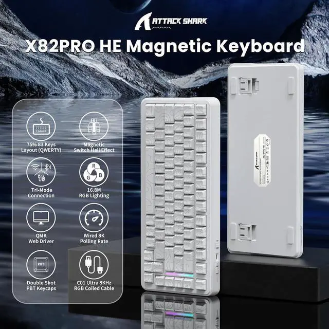 Alt view image 2 of 7 - ATTACK SHARK X82 PRO HE Magnetic Gaming Keyboard,8KHz Polling Rate,Adjustable Actuation Rapid Trigger,Tri-Mode Wireless PC Keyboard with 5000mAh Battery,Cloud/Software Driver for Win/Mac,White Line