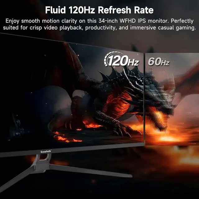 Alt view image 3 of 7 - Gawfolk Gaming Monitor 34 inch IPS 120Hz, Ultrawide PC Screen 2560×1080P Ultra-Thin Zero Frame Computer Display for Home Office Business, DP, HDMI, Wall-Mounted, Black