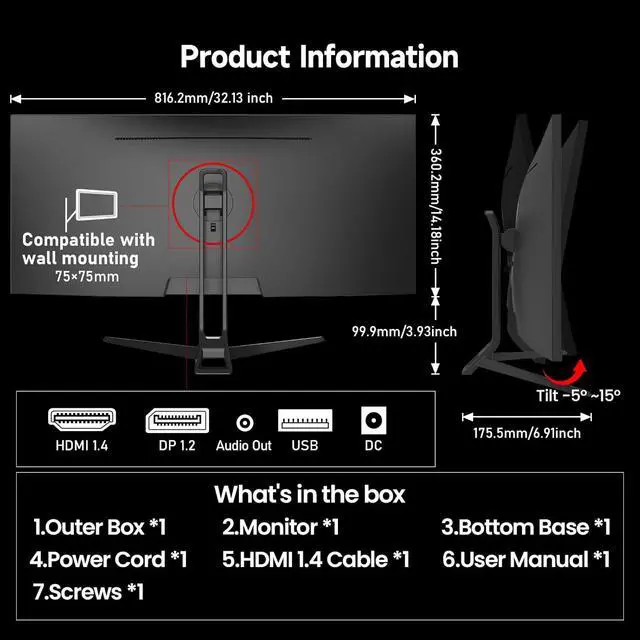 Alt view image 6 of 7 - Gawfolk Gaming Monitor 34 inch IPS 120Hz, Ultrawide PC Screen 2560×1080P Ultra-Thin Zero Frame Computer Display for Home Office Business, DP, HDMI, Wall-Mounted, Black