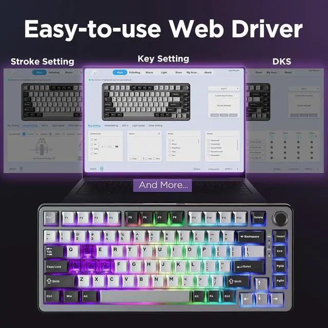 Alt view image 6 of 7 - YUNZII RT75 Rapid Trigger Gaming Keyboard,Hall Effect Magnetic Switch,Adjustable Actuation Esports,75% TKL Layout with Knob,RGB Backlit, PBT Keycaps for Mac/Win (Black, Gateron Silky Pro Switch)