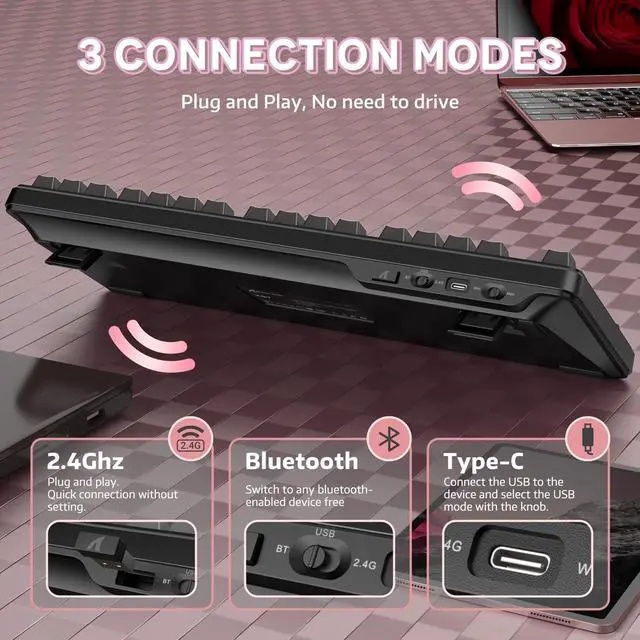 Alt view image 3 of 7 - ATTACK SHARK X87 Wireless Keyboard, 75% Gasket Hot Swappable Custom Mechanical Keyboard, Tri-Mode 2.4G/USB-C/BT5.0 RGB Backlit Gaming Keyboard for Win/Mac/PC, 4000mAh Battery, PBT Keycaps(Pink Black)