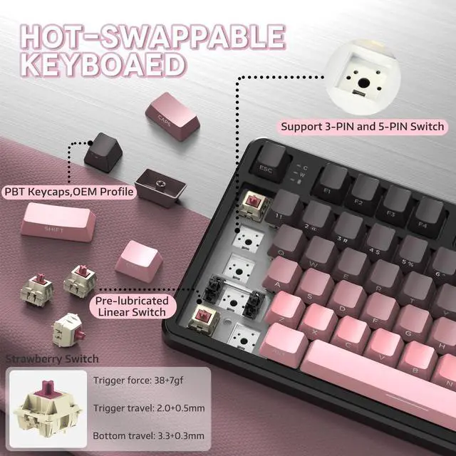 Alt view image 4 of 7 - ATTACK SHARK X87 Wireless Keyboard, 75% Gasket Hot Swappable Custom Mechanical Keyboard, Tri-Mode 2.4G/USB-C/BT5.0 RGB Backlit Gaming Keyboard for Win/Mac/PC, 4000mAh Battery, PBT Keycaps(Pink Black)