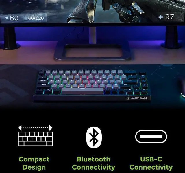 Alt view image 6 of 7 - IOGEAR MECHLITE Nano 65% Mechanical Keyboard - 67 Keys - Compact Layout, Bluetooth, USB-C, Red Switches, RGB Backlit, PBT Keycaps, Volume Knob, for Windows, Mac, Android, iOS  GKB610R