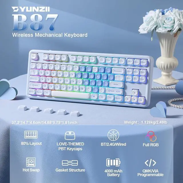 Alt view image 2 of 7 - YUNZII B87 Wireless Mechanical Keyboard,QMK/VIA Programmable,TKL Layout 87 Keys,BT/2.4G/USB-C,Hot Swap Gasket Mount RGB Backlit Gaming with Wrist Rest for Win/Mac (Blue Heart, Milk V2)