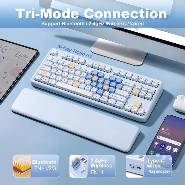 Alt view image 3 of 7 - YUNZII B87 Wireless Mechanical Keyboard,QMK/VIA Programmable,TKL Layout 87 Keys,BT/2.4G/USB-C,Hot Swap Gasket Mount RGB Backlit Gaming with Wrist Rest for Win/Mac (Blue Heart, Milk V2)