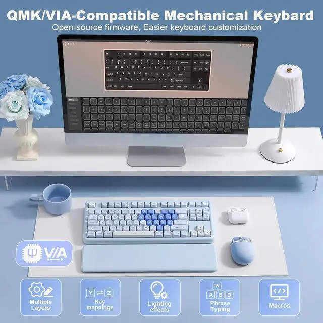 Alt view image 5 of 7 - YUNZII B87 Wireless Mechanical Keyboard,QMK/VIA Programmable,TKL Layout 87 Keys,BT/2.4G/USB-C,Hot Swap Gasket Mount RGB Backlit Gaming with Wrist Rest for Win/Mac (Blue Heart, Milk V2)