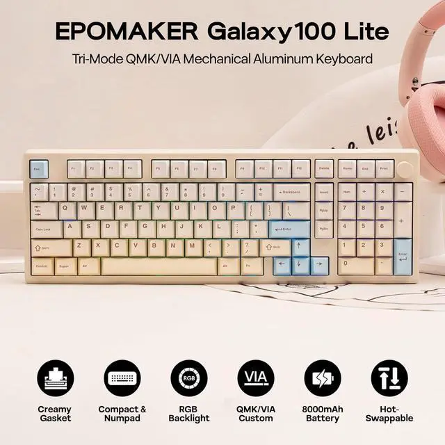 Alt view image 2 of 7 - EPOMAKER Galaxy100 Lite QMK/VIA Gaming Keyboard with 8000mAh Battery and Numpad, 1800 Aluminum Mechanical Keyboard, USB-C/BT/2.4Ghz, Hot-Swap, Creamy Sound (Creamy White, Wisteria Linear Switch)