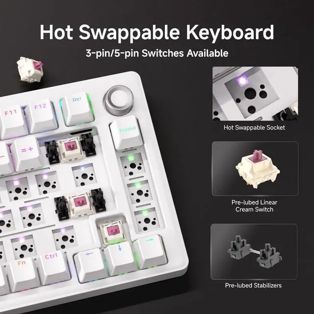 Alt view image 2 of 7 - DIERYA DK81E 75% Mechanical Gaming Keyboard, Hot-Swappable Gasket-Mount Creamy Sound, Programmable, Volume Knob, RGB Backlit, Double-Shot Keycaps, 6-Layer Foam, Pre-Lubed Switches, USB-C Wired, White