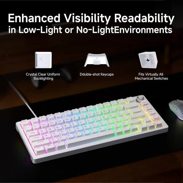 Alt view image 7 of 7 - DIERYA DK81E 75% Mechanical Gaming Keyboard, Hot-Swappable Gasket-Mount Creamy Sound, Programmable, Volume Knob, RGB Backlit, Double-Shot Keycaps, 6-Layer Foam, Pre-Lubed Switches, USB-C Wired, White