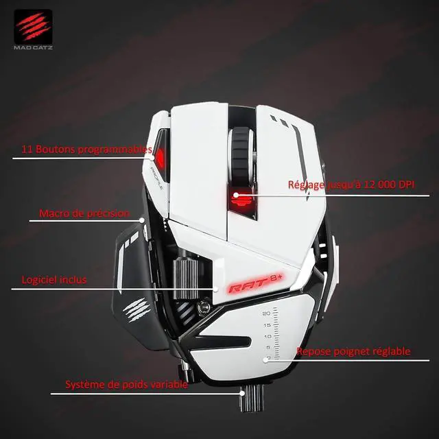Alt view image 2 of 7 - MAD CATZ R.A.T 8+ Fully Adjustable Wired Gaming Mouse Metal Base 16000 DPI with 11 Programmable Buttons 4 User Profiles Stored Directly Customize RGB LED Tuneable LED's - White