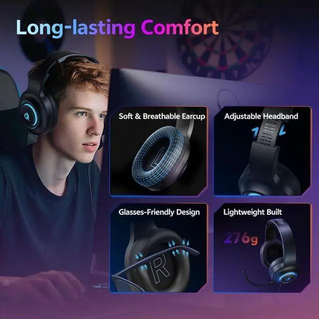 Alt view image 6 of 7 - QCY Gaming Headset for PC/PS5/PS4/Switch, HEROAD V200 Over Ear Headphones, USB-C, 240Hr Battery, 7.1 Surround Sound, 2.4GHz Wireless Headphones for Multi-Platform, Bluetooth 6.0