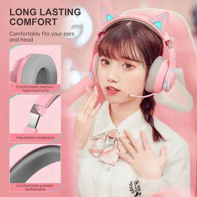 Alt view image 6 of 7 - Edifier G5BT CAT Wireless Bluetooth Gaming Headset with Mic, Wired Over Ear Headphones with Detachable Cat Ear, RGB Light, for PC, PS5, PS4, Nintendo Switch (Pink)