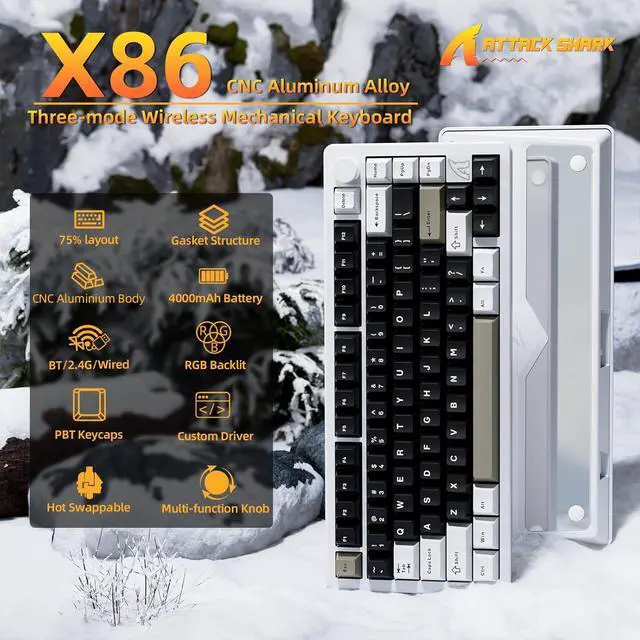 Alt view image 2 of 7 - FELICON x Attack Shark X86 75% Aluminum CNC Wireless Mechanical Gaming Keyboard with Volume Knob,82 Key Gasket Hot Swappable RGB Custom Keyboard with 5-Layer Padding, BT/2.4GHz/USB-C-Milk White