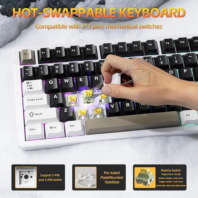 Alt view image 5 of 7 - FELICON x Attack Shark X86 75% Aluminum CNC Wireless Mechanical Gaming Keyboard with Volume Knob,82 Key Gasket Hot Swappable RGB Custom Keyboard with 5-Layer Padding, BT/2.4GHz/USB-C-Milk White