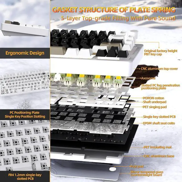 Alt view image 6 of 7 - FELICON x Attack Shark X86 75% Aluminum CNC Wireless Mechanical Gaming Keyboard with Volume Knob,82 Key Gasket Hot Swappable RGB Custom Keyboard with 5-Layer Padding, BT/2.4GHz/USB-C-Milk White