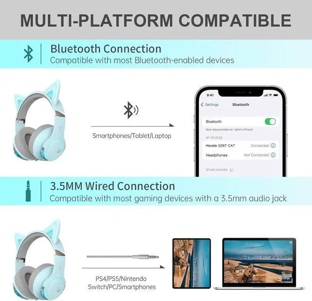 Alt view image 2 of 7 - Edifier G5BT CAT Wireless Bluetooth Gaming Headset with Mic, Wired Cat Ear Headphones, Over Ear Headphones with Detachable Cat Ear, RGB Light, for PC, PS5, PS4, Nintendo Switch(Sky Blue)