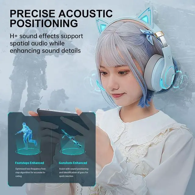 Alt view image 3 of 7 - Edifier G5BT CAT Wireless Bluetooth Gaming Headset with Mic, Wired Cat Ear Headphones, Over Ear Headphones with Detachable Cat Ear, RGB Light, for PC, PS5, PS4, Nintendo Switch(Sky Blue)