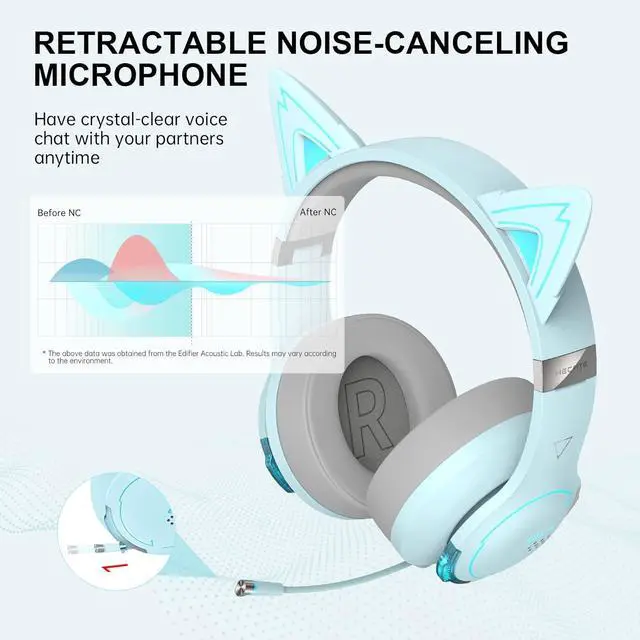 Alt view image 5 of 7 - Edifier G5BT CAT Wireless Bluetooth Gaming Headset with Mic, Wired Cat Ear Headphones, Over Ear Headphones with Detachable Cat Ear, RGB Light, for PC, PS5, PS4, Nintendo Switch(Sky Blue)