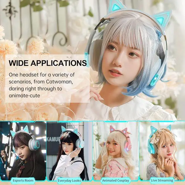 Alt view image 7 of 7 - Edifier G5BT CAT Wireless Bluetooth Gaming Headset with Mic, Wired Cat Ear Headphones, Over Ear Headphones with Detachable Cat Ear, RGB Light, for PC, PS5, PS4, Nintendo Switch(Sky Blue)