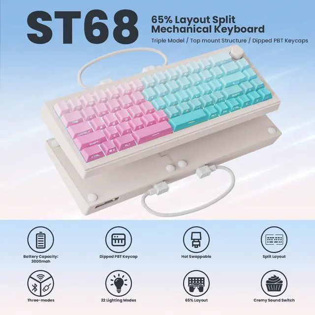 Alt view image 2 of 7 - ZORNHER ST68 Wireless Ergonomic Split Mechanical Keyboard,65% Pink & Blue Custom Creamy TKL Keyboard with Knob,Lighted Up PBT Keycaps,Pre-lubed Linear Switches,Hot-Swappable,RGB Backlit