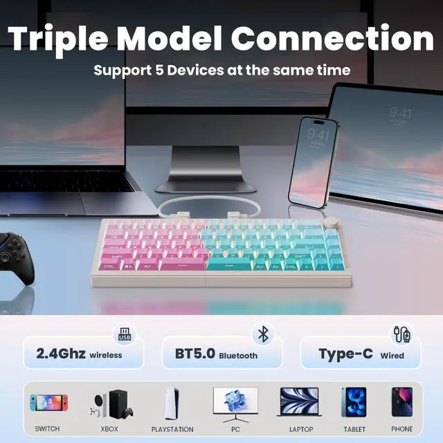 Alt view image 3 of 7 - ZORNHER ST68 Wireless Ergonomic Split Mechanical Keyboard,65% Pink & Blue Custom Creamy TKL Keyboard with Knob,Lighted Up PBT Keycaps,Pre-lubed Linear Switches,Hot-Swappable,RGB Backlit