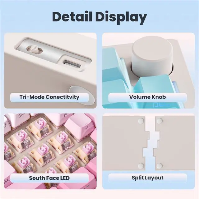 Alt view image 5 of 7 - ZORNHER ST68 Wireless Ergonomic Split Mechanical Keyboard,65% Pink & Blue Custom Creamy TKL Keyboard with Knob,Lighted Up PBT Keycaps,Pre-lubed Linear Switches,Hot-Swappable,RGB Backlit