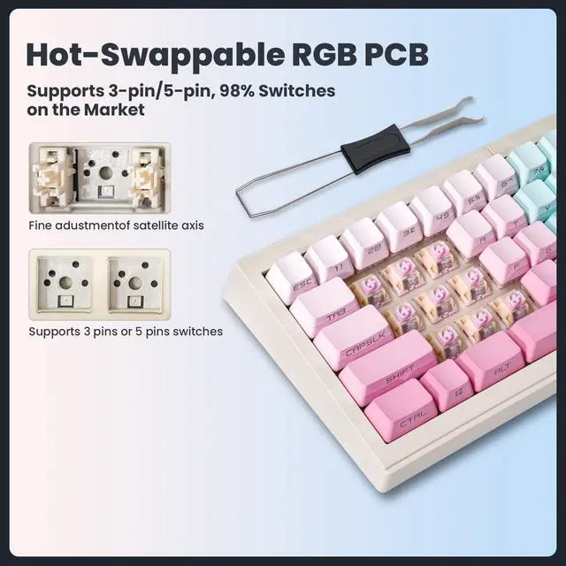 Alt view image 6 of 7 - ZORNHER ST68 Wireless Ergonomic Split Mechanical Keyboard,65% Pink & Blue Custom Creamy TKL Keyboard with Knob,Lighted Up PBT Keycaps,Pre-lubed Linear Switches,Hot-Swappable,RGB Backlit