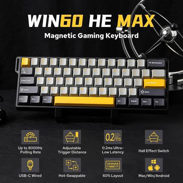 Alt view image 2 of 7 - EPOMAKER Aula WIN60 HE 60% Wired Magnetic Keyboard with Adjustable Actuation, 8000 Hz Polling Rate, Hall Effect Switches, Hot-Swap, for FPS Games (Grey&Yellow)