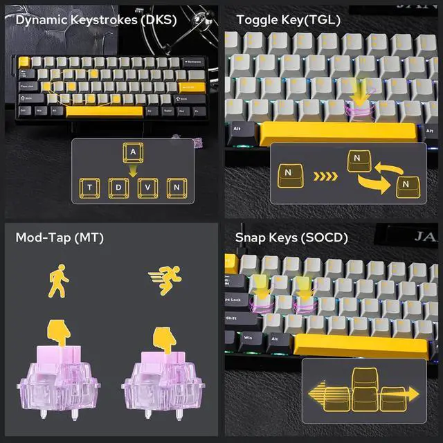 Alt view image 3 of 7 - EPOMAKER Aula WIN60 HE 60% Wired Magnetic Keyboard with Adjustable Actuation, 8000 Hz Polling Rate, Hall Effect Switches, Hot-Swap, for FPS Games (Grey&Yellow)