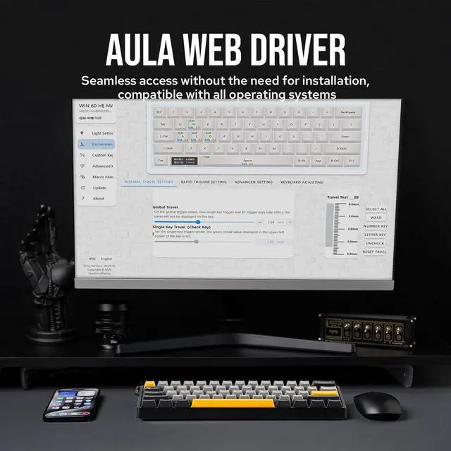 Alt view image 5 of 7 - EPOMAKER Aula WIN60 HE 60% Wired Magnetic Keyboard with Adjustable Actuation, 8000 Hz Polling Rate, Hall Effect Switches, Hot-Swap, for FPS Games (Grey&Yellow)