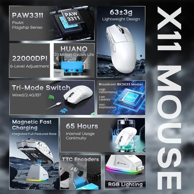 Alt view image 3 of 7 - ATTACK SHARK X11 Mouse and X60 HE Keyboard Wireless Gaming Combo,Magnetic Switch,8K Polling Rate,Hall Effect,Rapid Trigger,PAW3311 Optical Sensor,22K DPI,Lightweight-White