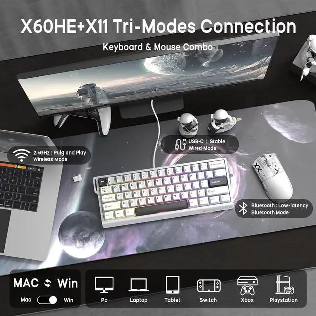 Alt view image 5 of 7 - ATTACK SHARK X11 Mouse and X60 HE Keyboard Wireless Gaming Combo,Magnetic Switch,8K Polling Rate,Hall Effect,Rapid Trigger,PAW3311 Optical Sensor,22K DPI,Lightweight-White