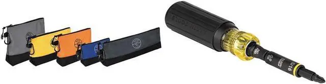 Main image of Klein Tools 55569 Stand-Up Zipper Bag Tool Pouch with Carabiners, Reinforced Gusseted Bottoms, Water Resistant 1680d, Multi-Size 5-Pack