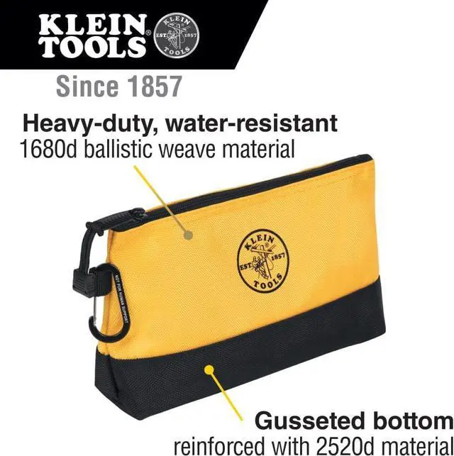 Alt view image 3 of 7 - Klein Tools 55569 Stand-Up Zipper Bag Tool Pouch with Carabiners, Reinforced Gusseted Bottoms, Water Resistant 1680d, Multi-Size 5-Pack