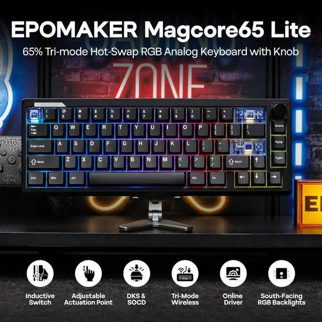 Alt view image 2 of 7 - EPOMAKER Magcore65 Lite Wireless Analog Keyboard, DKS & SOCD, 8K Polling Inductive Switch, PC & PBT Keycap, Hot-Swap, RGB, 2.4G/BT, 65% Layout Gaming Keyboard