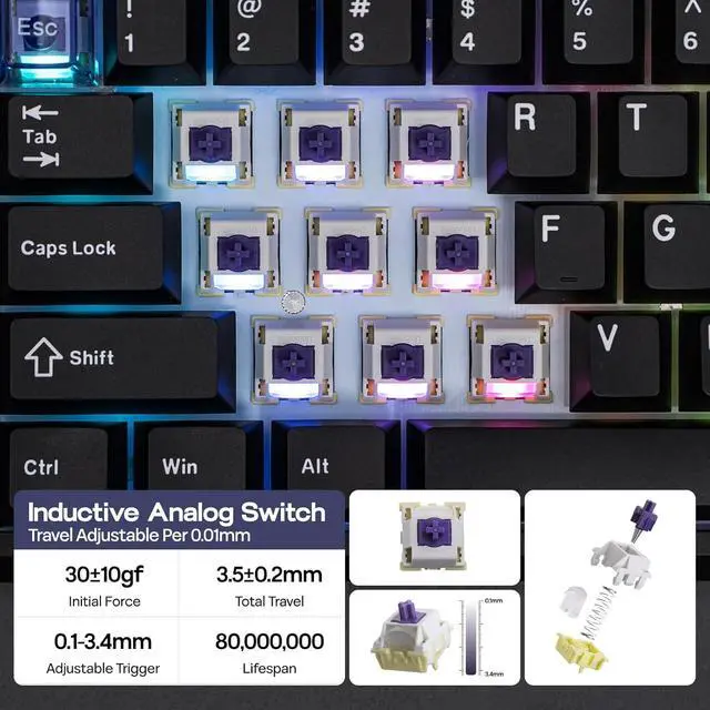Alt view image 3 of 7 - EPOMAKER Magcore65 Lite Wireless Analog Keyboard, DKS & SOCD, 8K Polling Inductive Switch, PC & PBT Keycap, Hot-Swap, RGB, 2.4G/BT, 65% Layout Gaming Keyboard