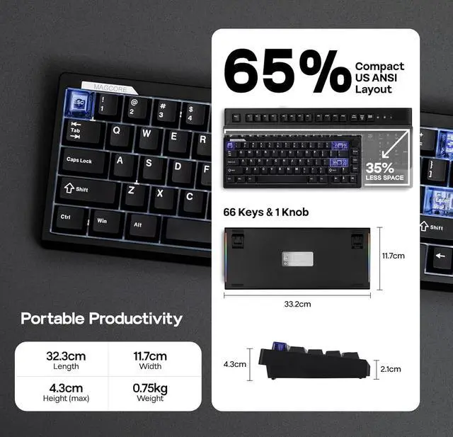 Alt view image 5 of 7 - EPOMAKER Magcore65 Lite Wireless Analog Keyboard, DKS & SOCD, 8K Polling Inductive Switch, PC & PBT Keycap, Hot-Swap, RGB, 2.4G/BT, 65% Layout Gaming Keyboard