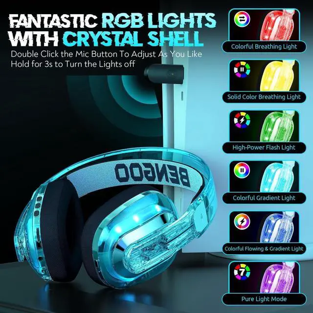 Alt view image 4 of 6 - BENGOO Wireless Gaming Headset for PS5, PS4, PC, Switch, Mac, 2.4GHz USB Over Ear Gaming Headphones with Crystal RGB Lights