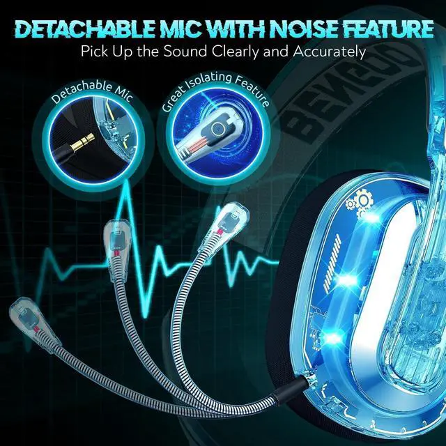 Alt view image 5 of 6 - BENGOO Wireless Gaming Headset for PS5, PS4, PC, Switch, Mac, 2.4GHz USB Over Ear Gaming Headphones with Crystal RGB Lights