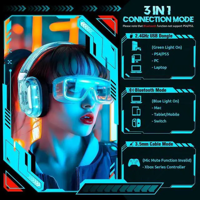 Alt view image 6 of 6 - BENGOO Wireless Gaming Headset for PS5, PS4, PC, Switch, Mac, 2.4GHz USB Over Ear Gaming Headphones with Crystal RGB Lights