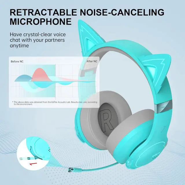 Alt view image 5 of 7 - Edifier G5BT CAT Wireless Gaming Headset with Dual Mic, Bluetooth Gaming Headphones with Detachable Cat Ear for PC, PS5, PS4, Nintendo Switch, RGB Light - Turquoise