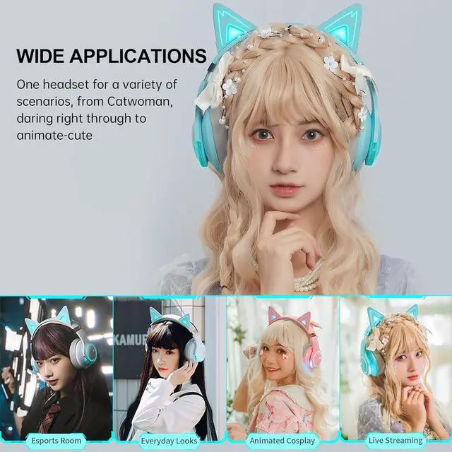 Alt view image 7 of 7 - Edifier G5BT CAT Wireless Gaming Headset with Dual Mic, Bluetooth Gaming Headphones with Detachable Cat Ear for PC, PS5, PS4, Nintendo Switch, RGB Light - Turquoise